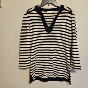Tory Burch Navy and Cream Striped V-Neck Sweater